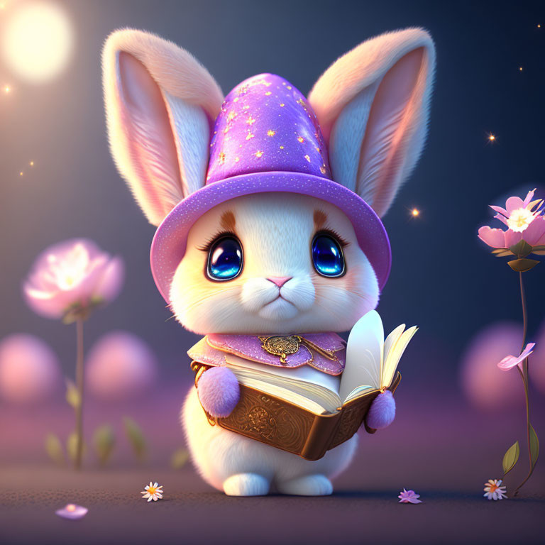 Illustration of anthropomorphic bunny in magical outfit reading under starlit sky