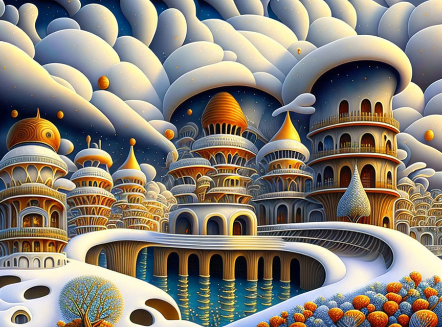 Whimsical Fantasy Landscape with Round Buildings and Moon