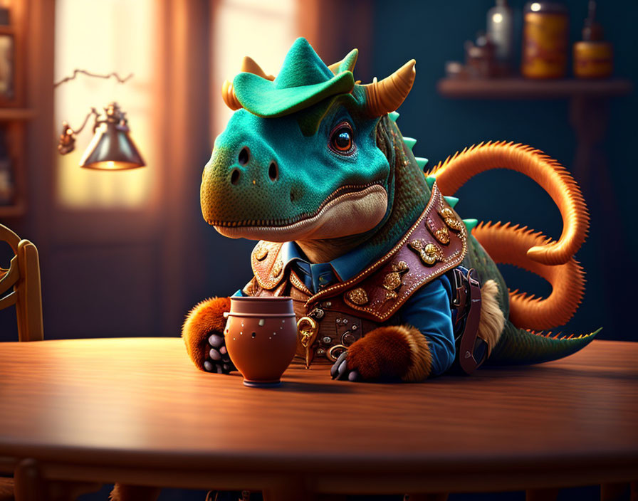 Anthropomorphic Dinosaur in Cowboy Outfit Holding Mug at Table