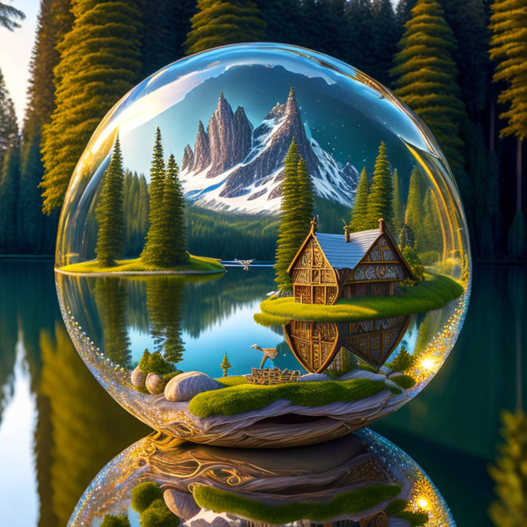 Surreal crystal ball reflecting mountain landscape with house, lake, and trees