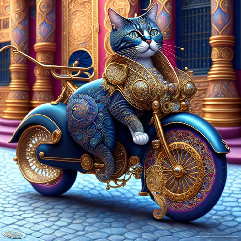 Whimsical cat with human-like eyes on ornate motorcycle in purple cityscape