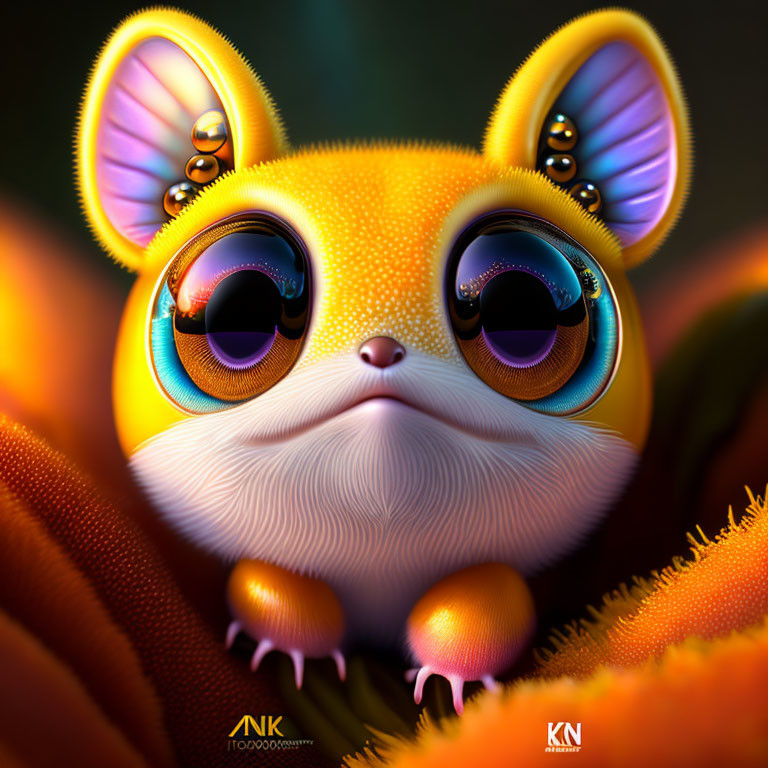 Whimsical creature with teardrop eyes and orange fur on soft background