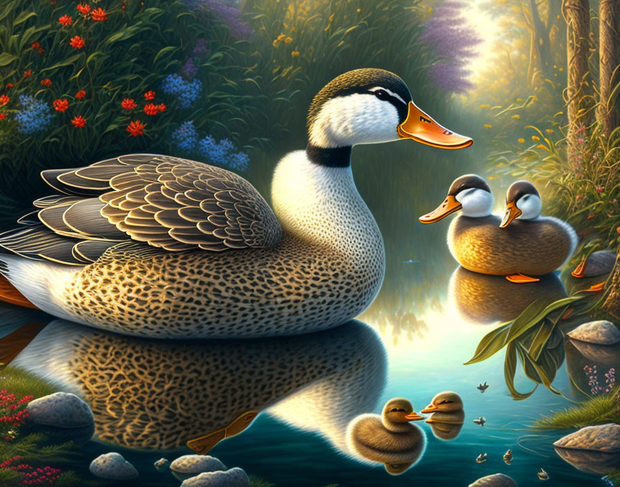 Mother Duck and Ducklings in Serene Nature Scene