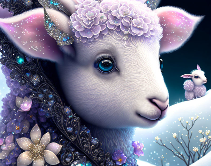 Digital Artwork: Whimsical Lamb with Jewels and Flowers