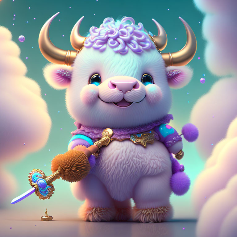 Colorful Creature with Horns and Sword in Magical Setting