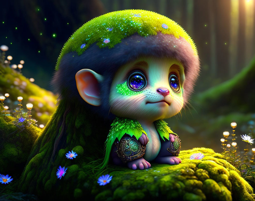 Whimsical creature with sparkling eyes in enchanted forest