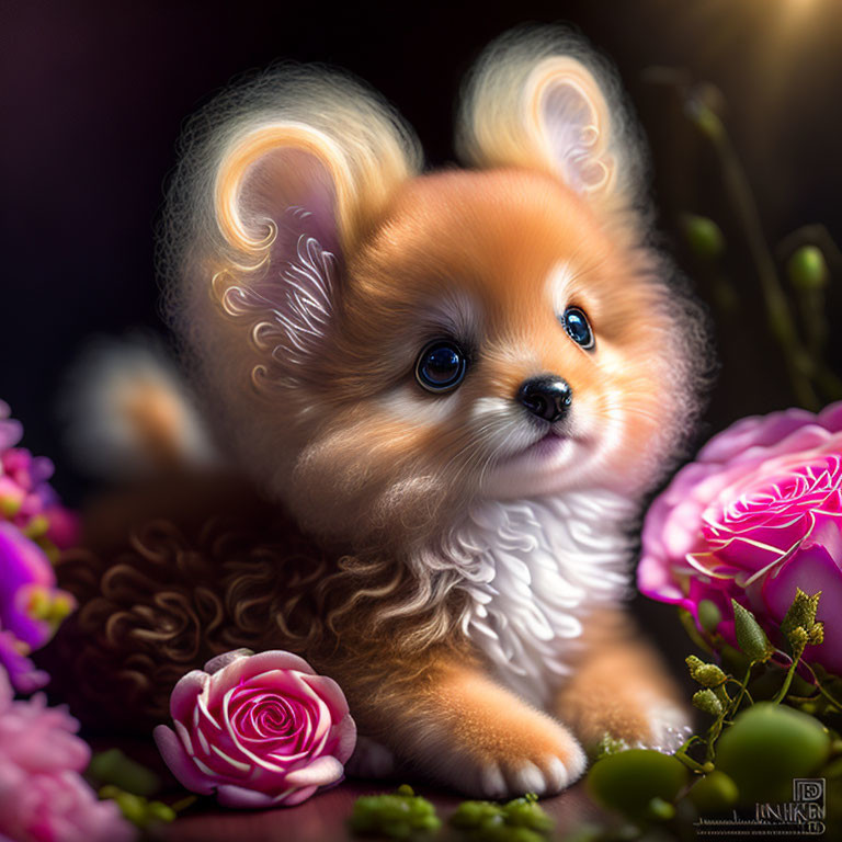 Fluffy dog with expressive eyes among pink roses