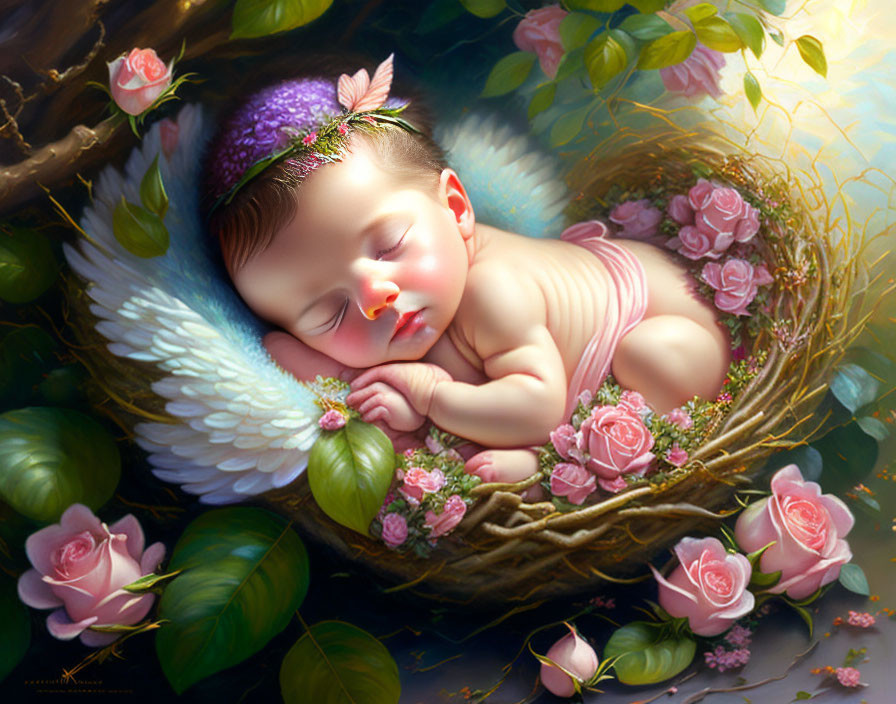 Infant with Wings Sleeping in Bird's Nest Surrounded by Flowers