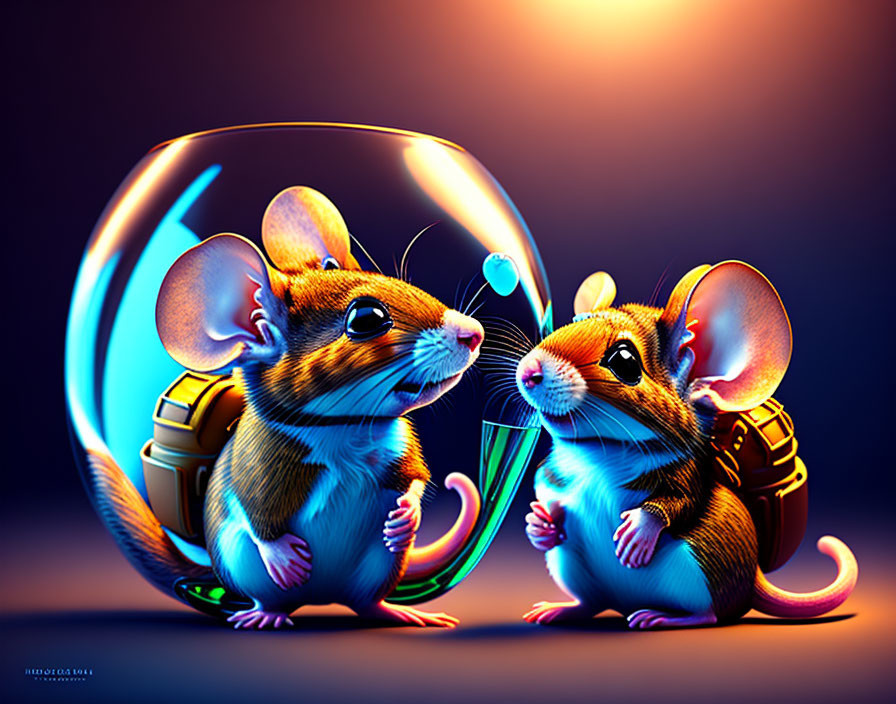 Stylized anthropomorphic mice with backpacks next to glowing circular shape