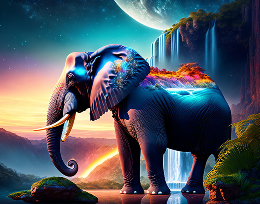 Vibrant starry pattern elephant in front of tropical waterfall