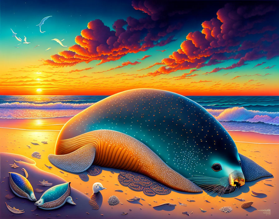 Giant seal with starry patterns on vibrant beach at sunset