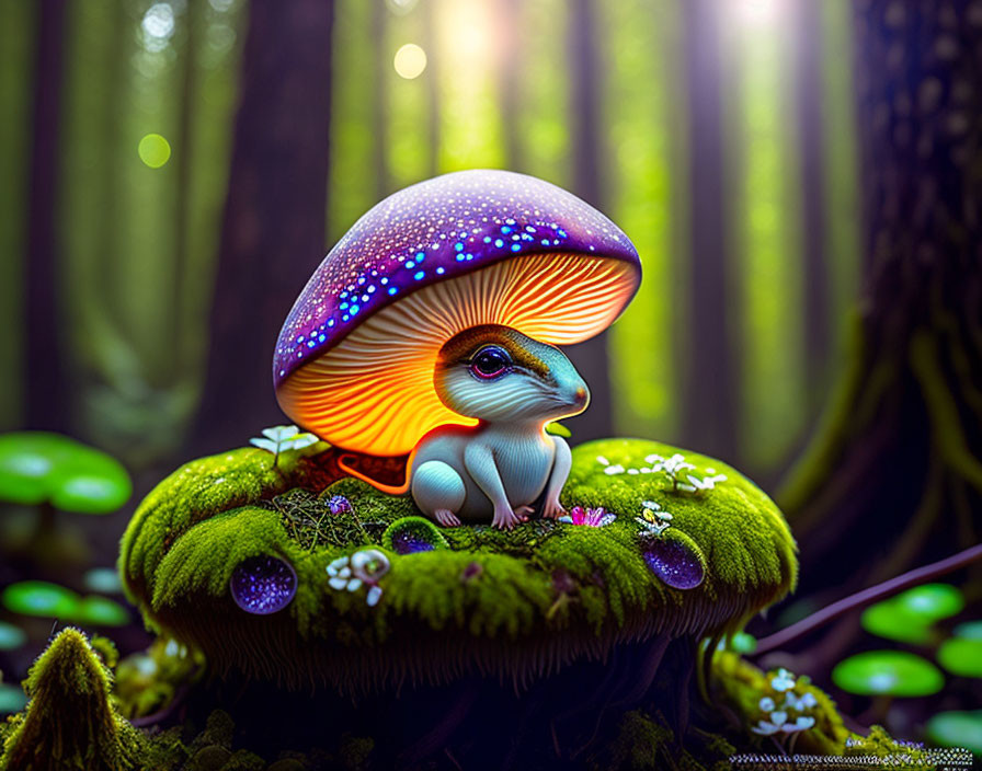 Small Blue Dragon Fantasy Creature Under Luminescent Mushroom in Mossy Forest