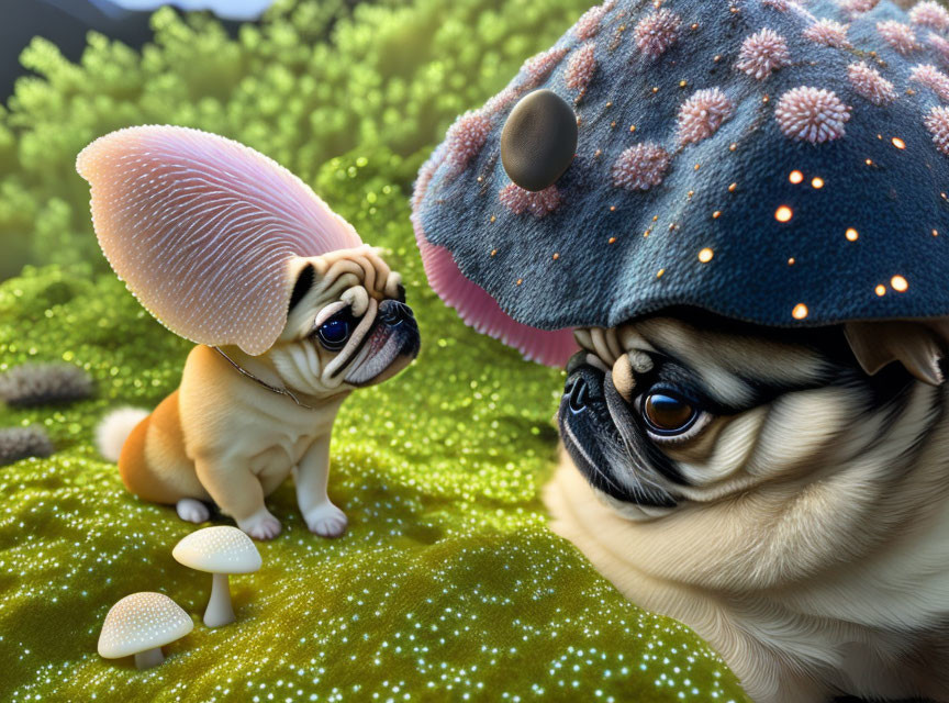 Illustration of two pugs in enchanted mushroom forest