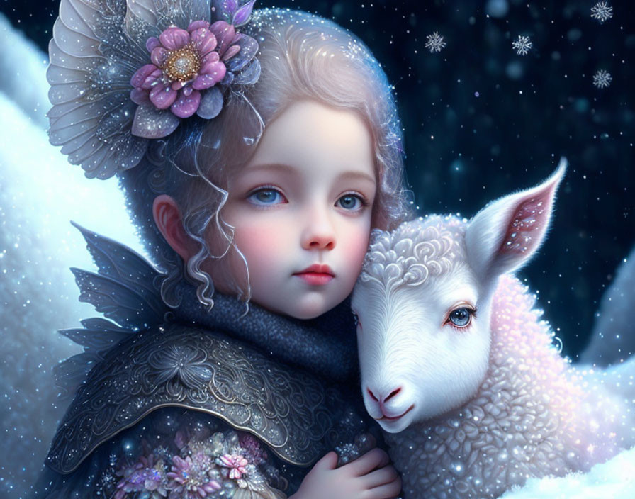 Digital Artwork: Young Girl Cuddling Lamb in Snowy Scene