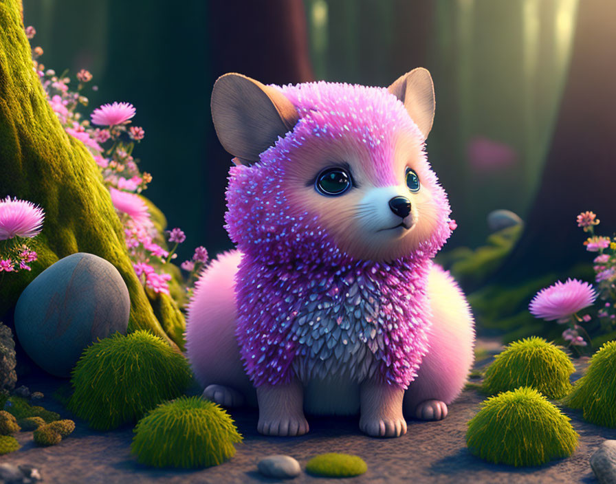 Whimsical pink fluffy dog creature in magical forest with flowers and stones