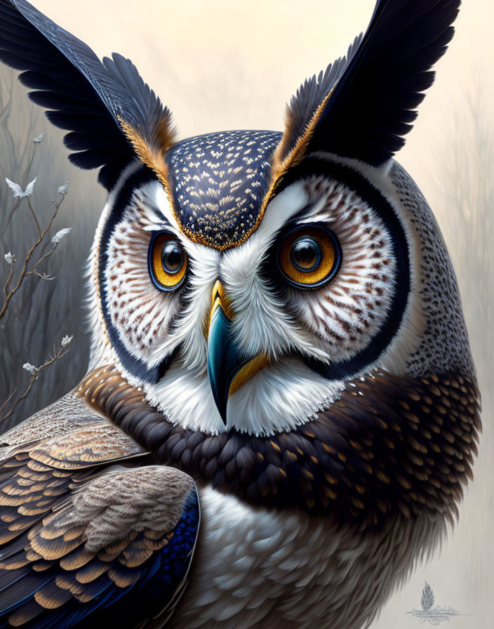Detailed Owl Illustration with Intricate Feather Patterns and Piercing Yellow Eyes