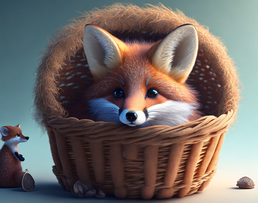 Digital artwork of adorable fox in basket with acorns