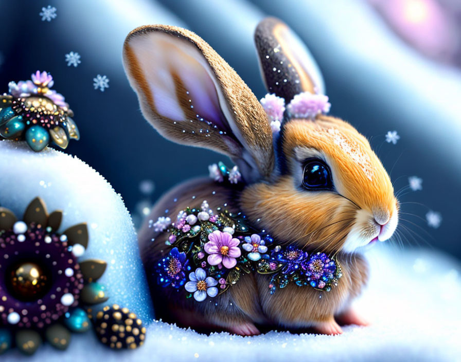 Illustration of Brown Rabbit with Floral Necklace in Snowy Scene