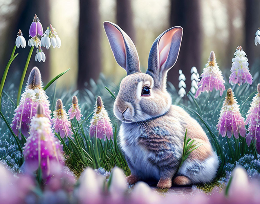 Rabbit surrounded by colorful flowers in peaceful forest landscape