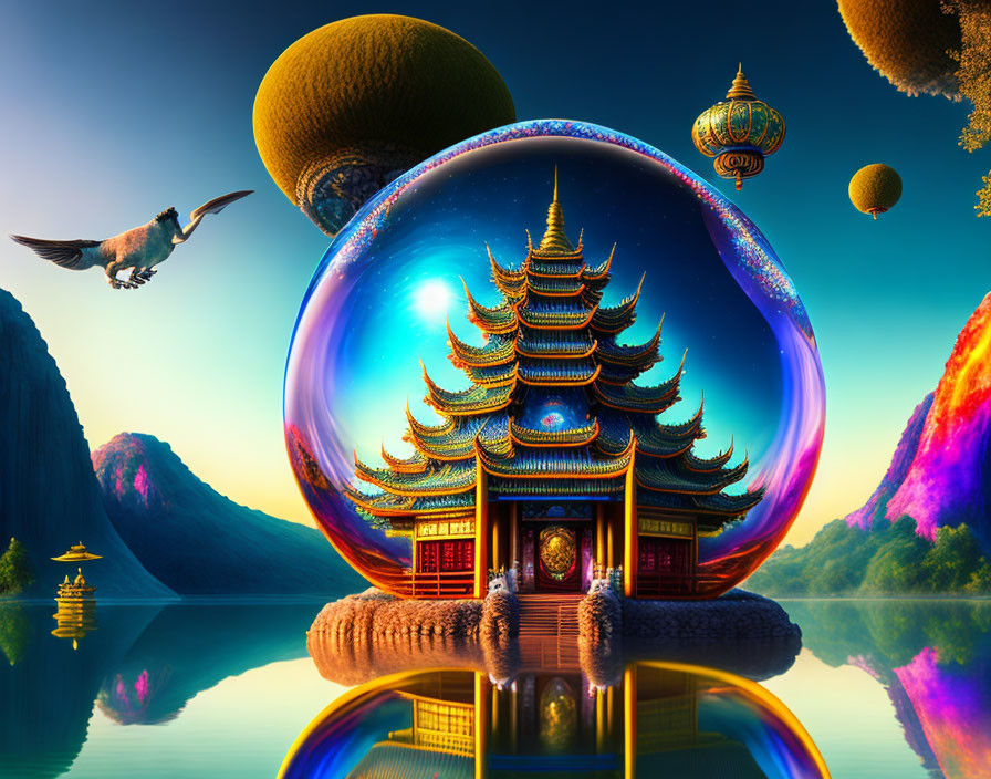 Fantastical landscape with Asian pagoda in transparent sphere, colorful cliffs, floating islands, and bird