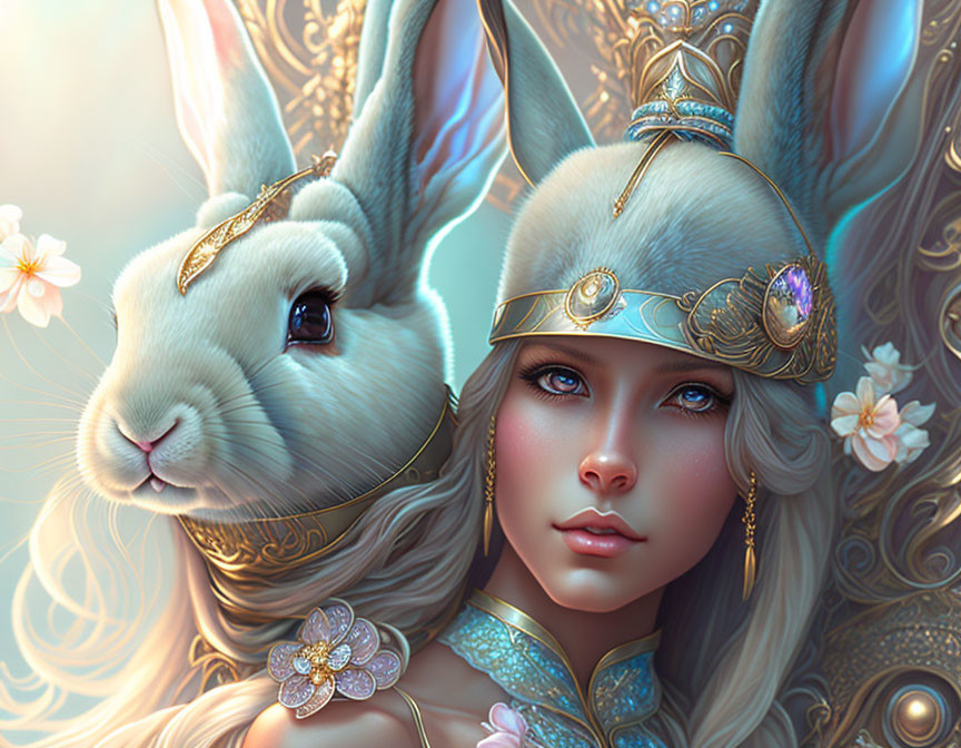 Fantasy portrait of woman with bunny ears and golden jewelry, with white rabbit.