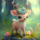 Whimsical deer with turquoise flower antlers in enchanted forest