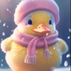 Cartoon chick in pink winter attire on snowy background