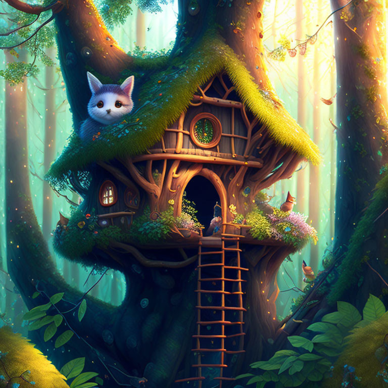 Whimsical treehouse in magical forest with peeking cat and glowing foliage