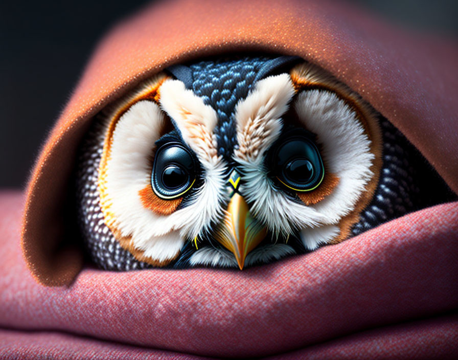 Colorful Owl Peeking from Earth-Toned Blanket