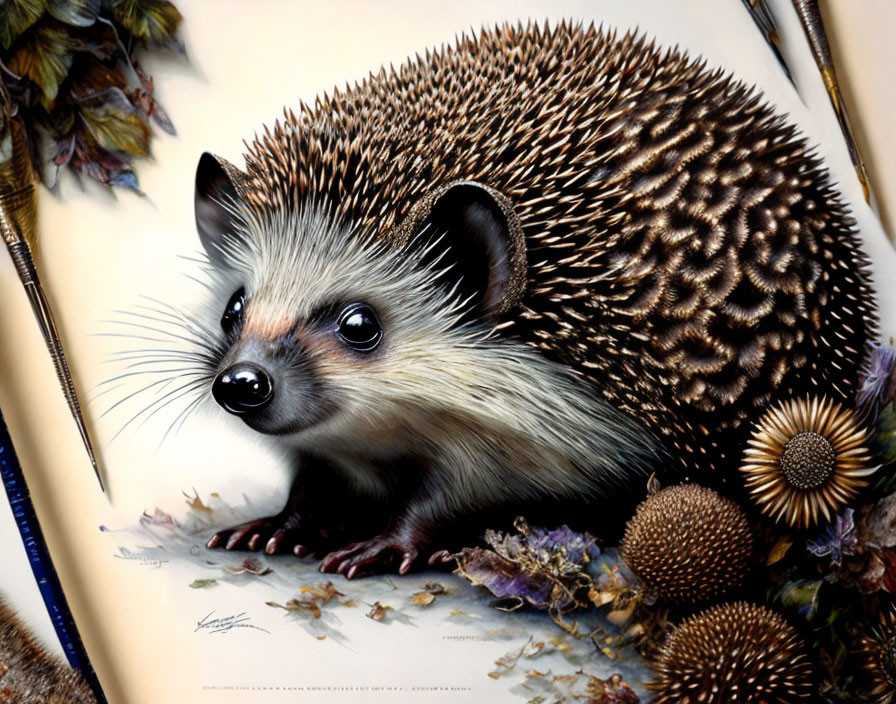 Detailed Hedgehog Illustration with Spines, Cute Face, Autumn Leaves, Dried Flowers