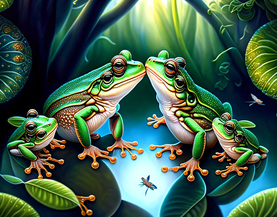 Vibrant Frogs on Shiny Leaves in Lush Jungle Scene