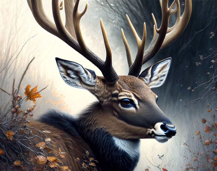 Detailed Illustration of Majestic Stag in Autumn Forest