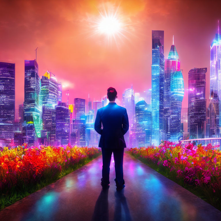 Man in suit on path to vibrant futuristic cityscape at sunset