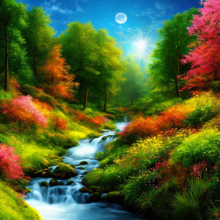 Colorful forest scene with stream, green trees, pink & orange foliage, bright sun, and visible