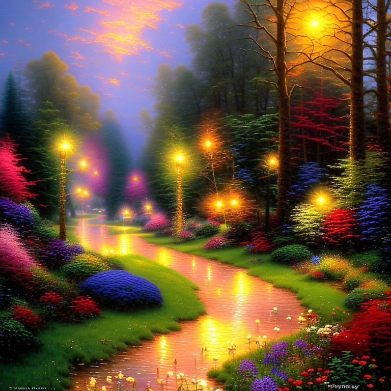 Colorful Blossoms and Glowing Lights in Tree-Lined Path Painting