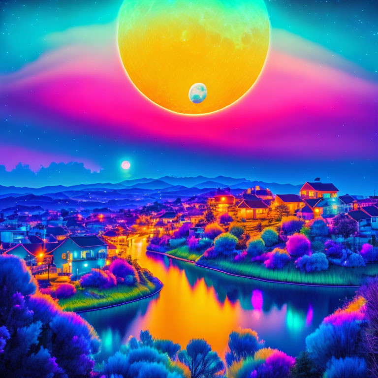 Neon-hued landscape with large moon over suburban area