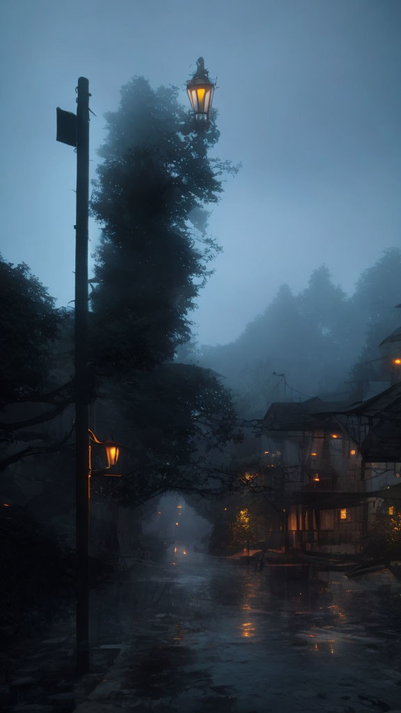 Dimly Lit Street with Glowing Lamps on Foggy Evening
