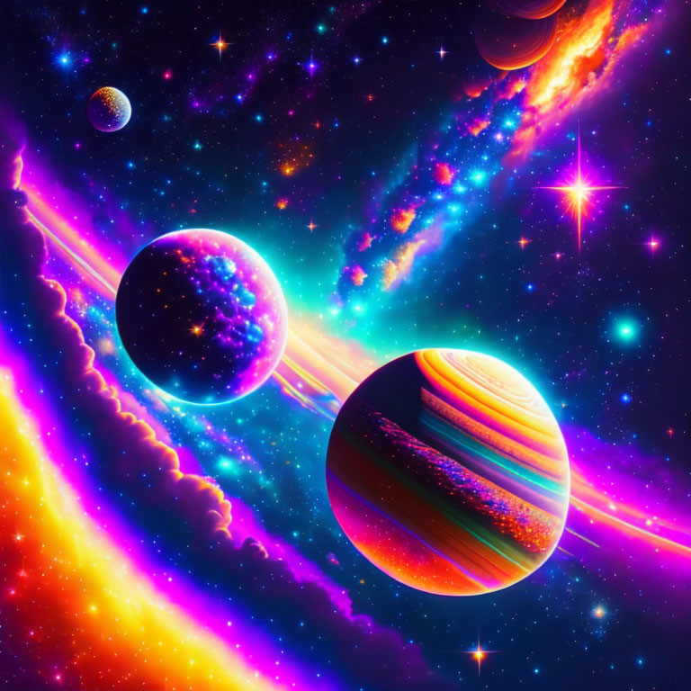 Colorful Cosmic Scene with Planets, Stars, and Nebulae in Neon Hues