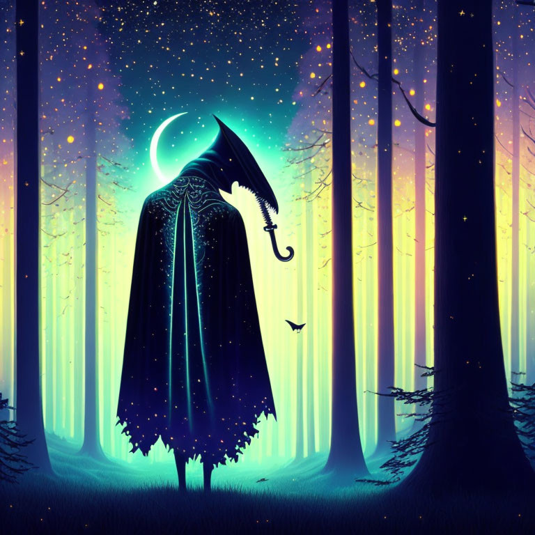 Mystical figure in star-patterned cloak under crescent moon in glowing forest with butterflies