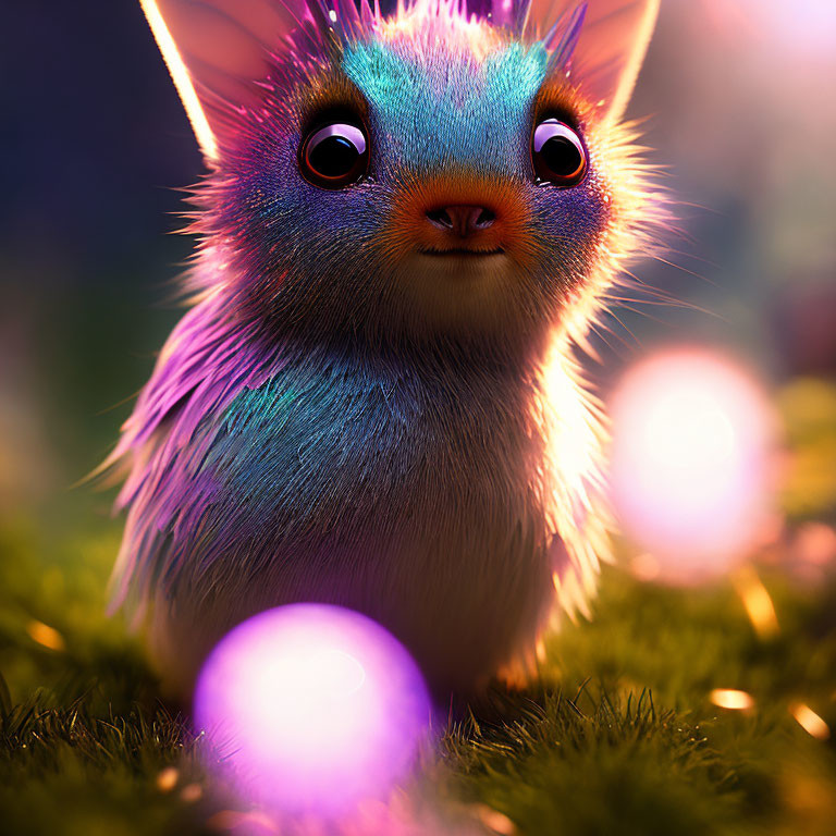 Colorful Fluffy Creature with Expressive Eyes in Grassy Area