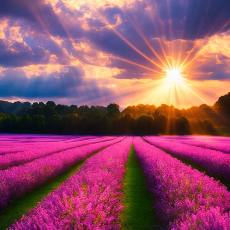 Vibrant lavender field at sunset with dramatic sky