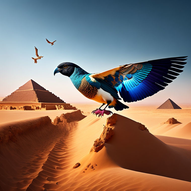 Colorful bird flying over desert with pyramids in digitally manipulated image