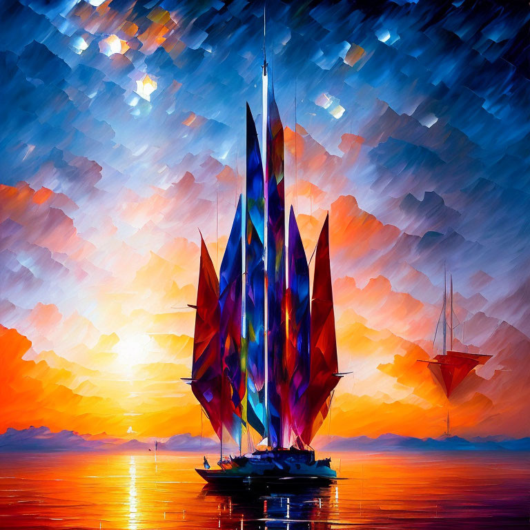 Colorful sailboat on reflective sea with vivid sunset sky in digital art