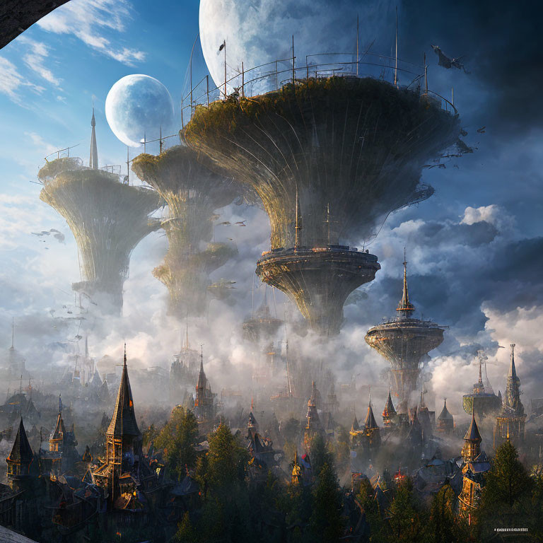 Fantastical city with towering mushroom-shaped structures and large moon in the sky