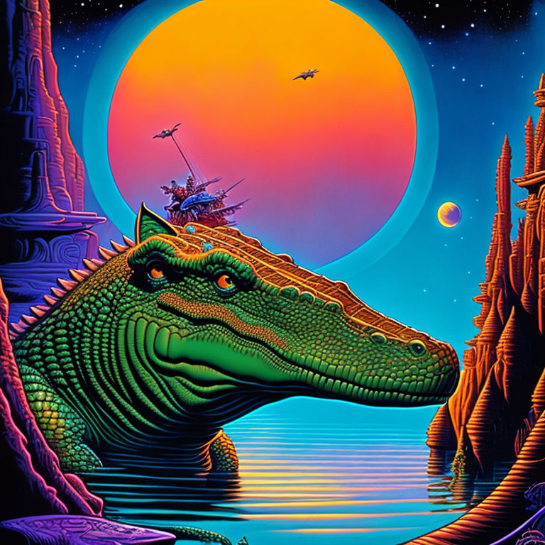 Surreal sci-fi scene with alligator, alien spires, setting sun, and spaceships
