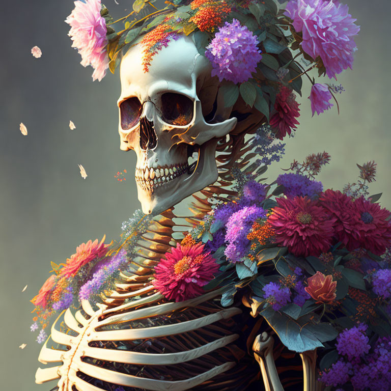 Colorful Flower-Decorated Skeleton with Falling Petals