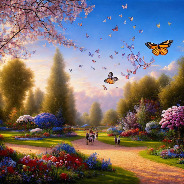 Blooming flowers, cherry blossoms, butterflies in vibrant garden path