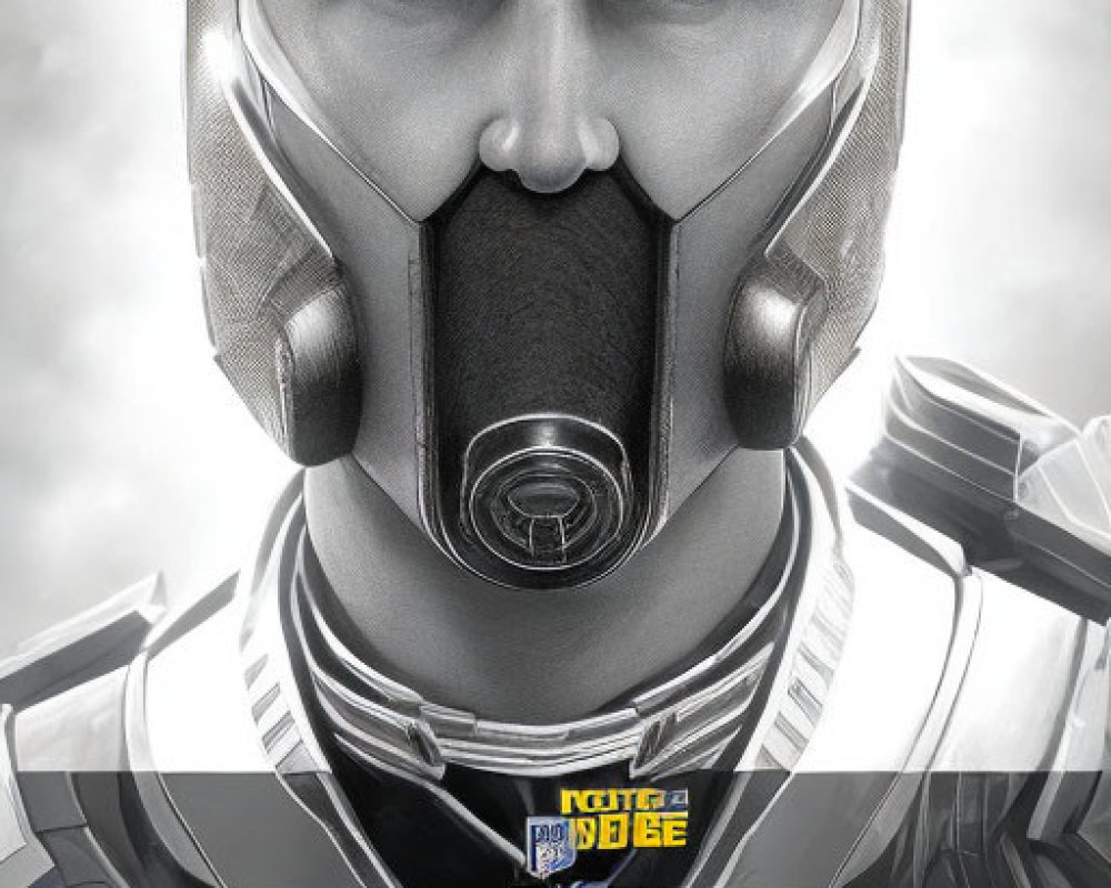 Detailed close-up of person in futuristic helmet with stern expression and stylized graphics and logos.
