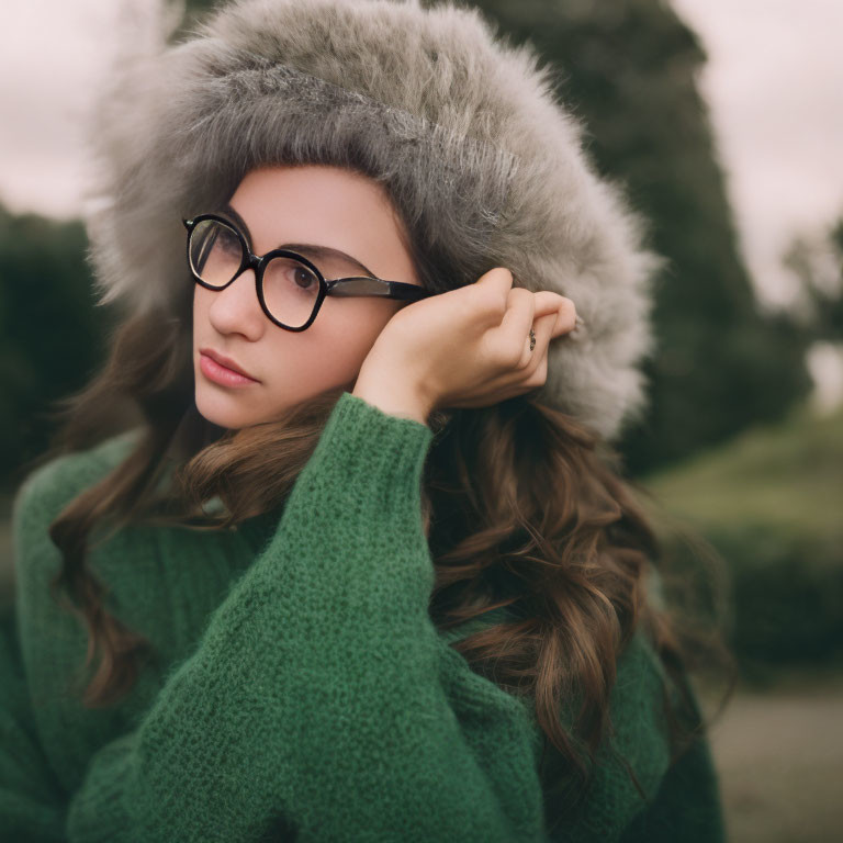 Woman in fur hat and glasses with hand in hair, wearing green sweater outdoors