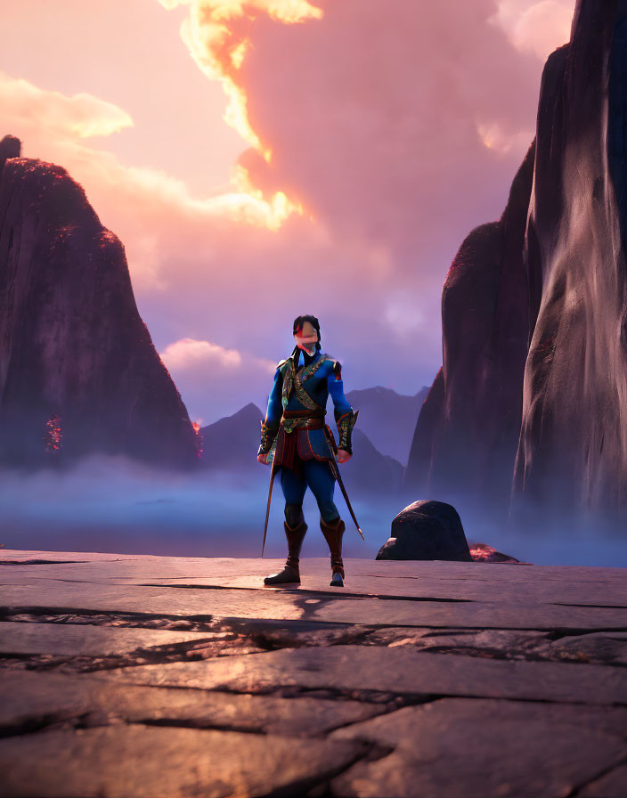 Blue and gold attired sword-wielding character on stone platform amidst misty mountains and dramatic sky